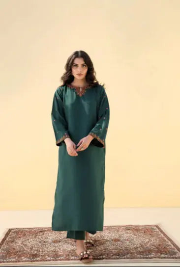 DARK GREEN EMB 2PC Sea Green Embroidered Kurta Set kinzay